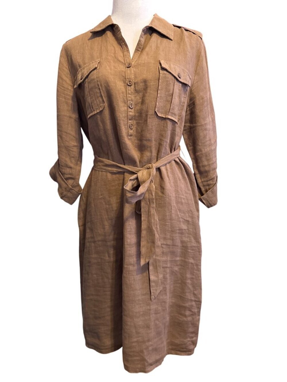 Three Dots Red Brown 3/4 Sleeve Button Down 100% Linen Midi Dress Size Large